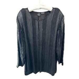 JEWEL QUEEN | Black Silk Beaded Sequin Top Vintage Evening Blouse NWT | XL